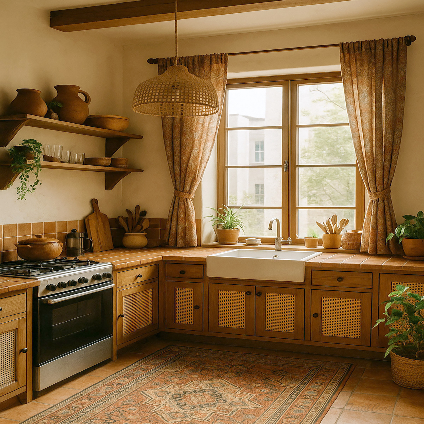 Cocina bohemia acogedora con cortinas cálidas y mobiliario natural