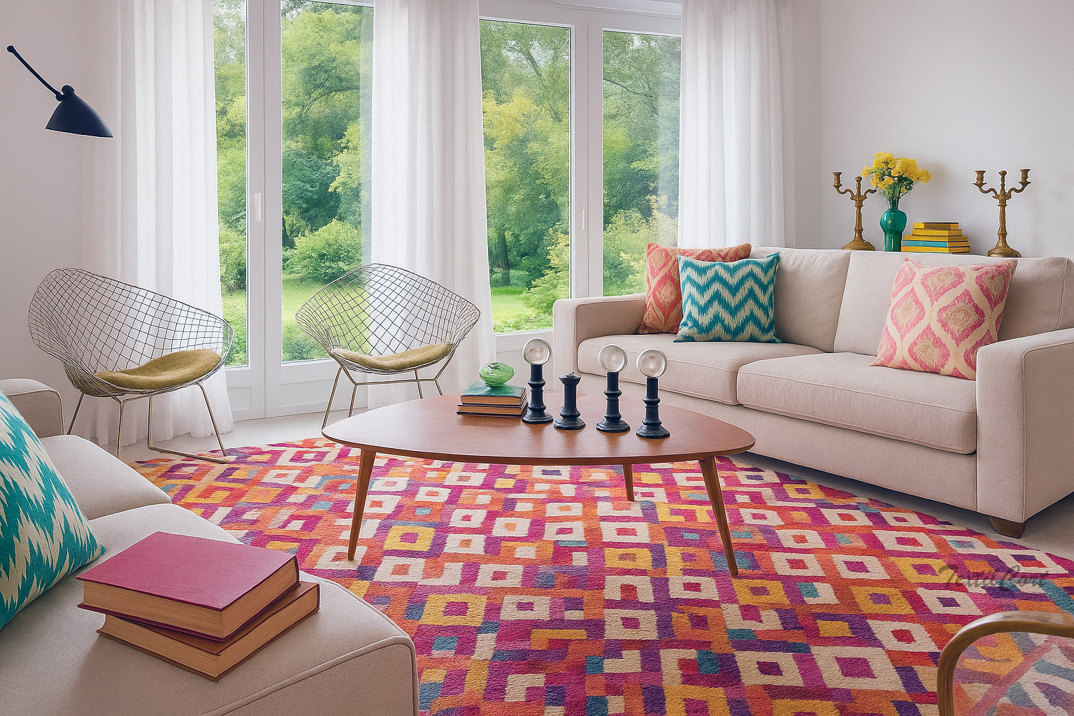 Salón bohemio luminoso con cortinas blancas y ventanas panorámicas