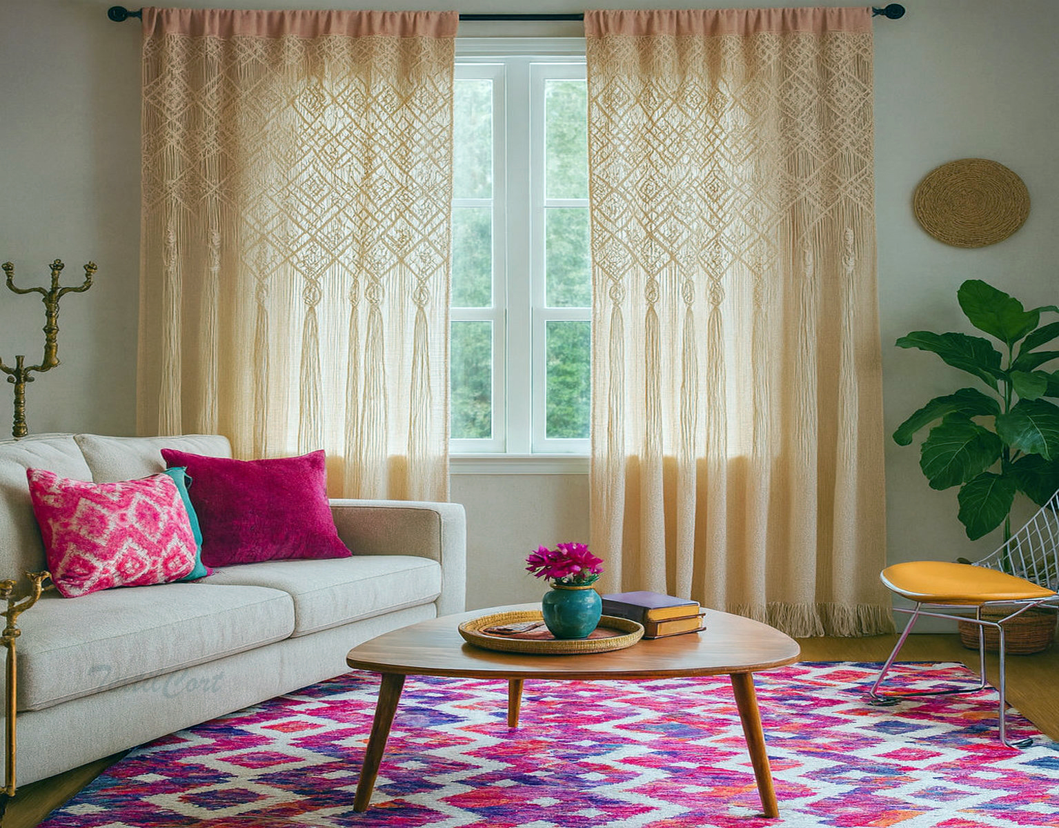Salón bohemio vibrante con cortinas de macramé y acentos fucsia