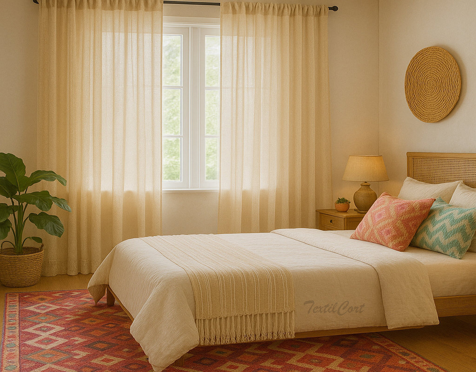 Dormitorio bohemio cálido con cortinas naturales en tono arena