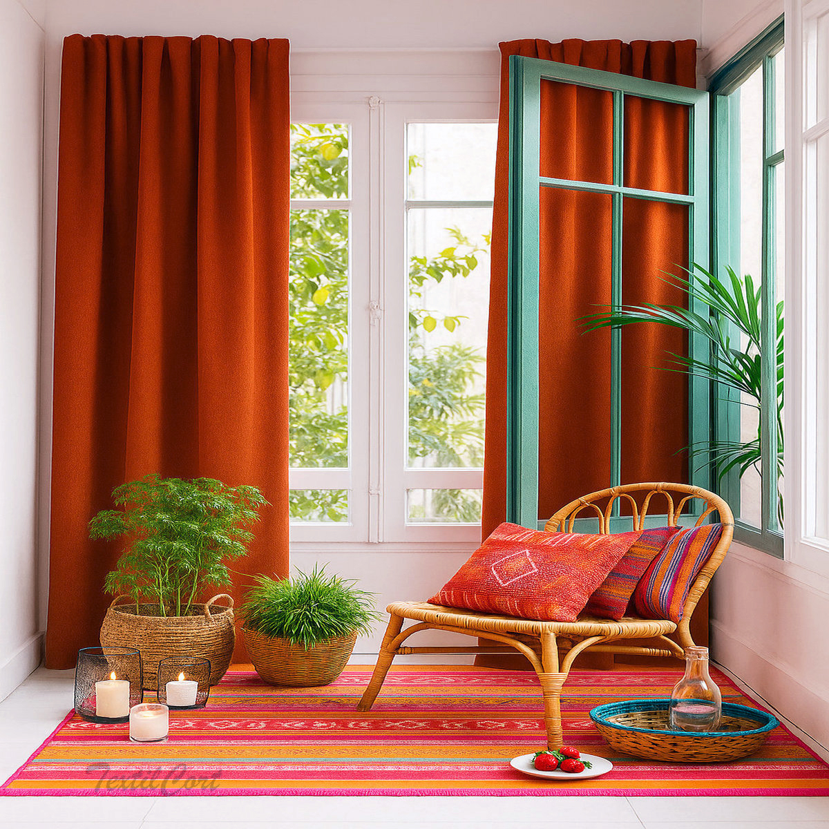 Rincón bohemio con cortinas terracota y ambiente natural luminoso