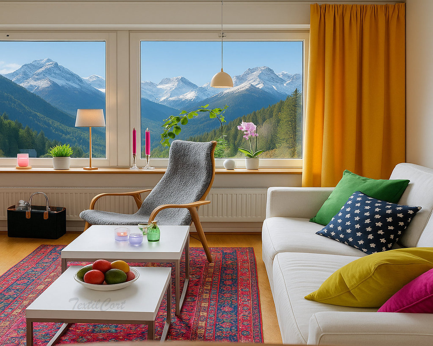 Salón bohemio natural con cortinas crema y luz suave