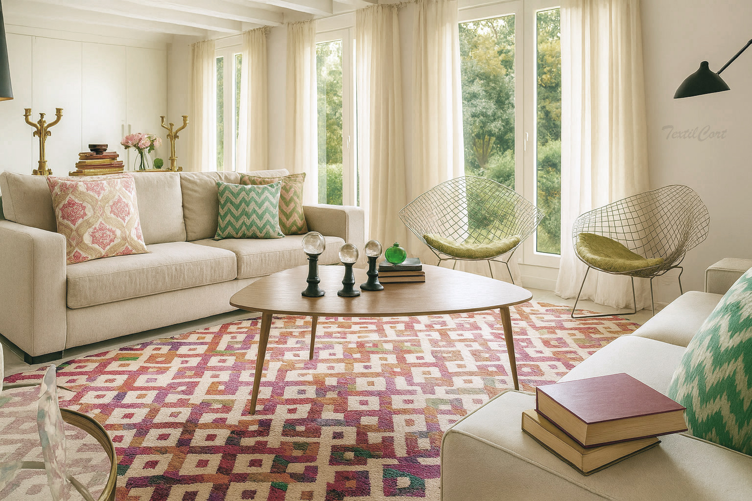 Salón bohemio luminoso con cortinas beige y decoración natural