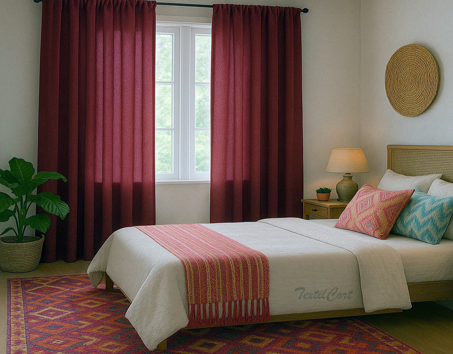 Dormitorio bohemio con cortinas burdeos y decoración cálida