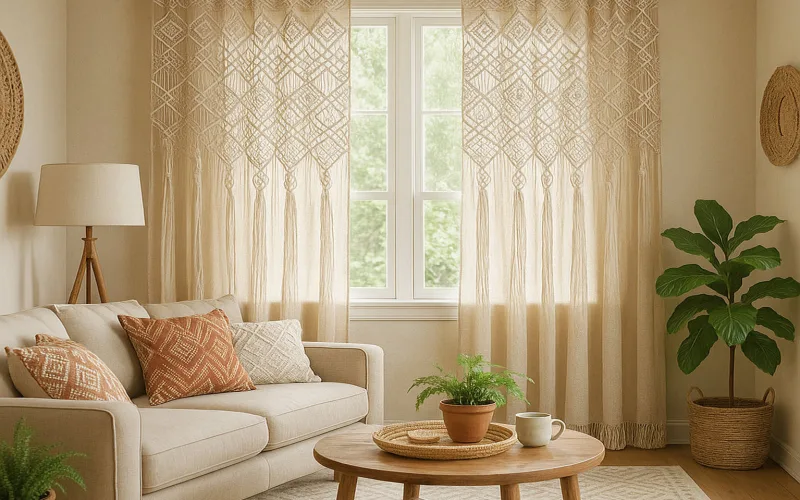 Salón bohemio con cortinas naturales de macramé