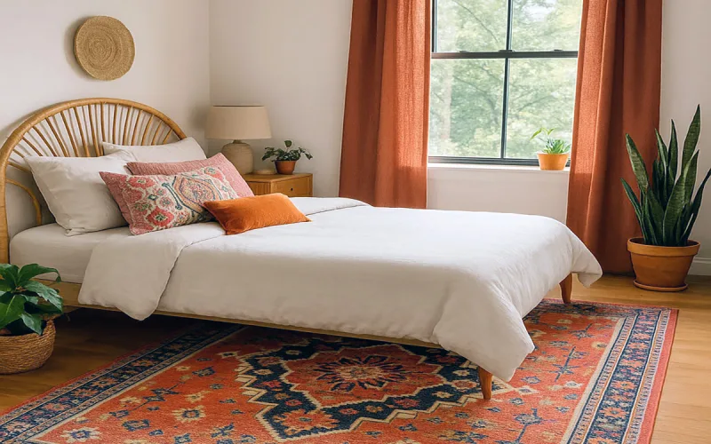 Dormitorio de estilo bohemio con cortinas naturales, tonos cálidos y ambiente acogedor