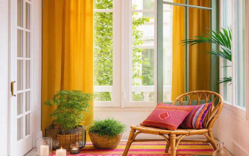 Rincón bohemio con cortinas mostaza y decoración natural