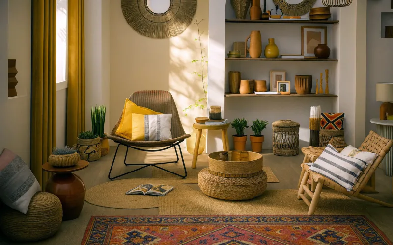Salón bohemio con cortinas mostaza y decoración natural