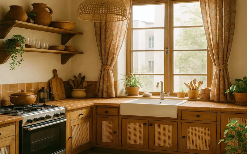 Cocina bohemia acogedora con cortinas cálidas y mobiliario natural