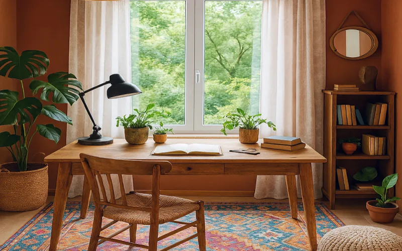 Despacho bohemio con cortinas beige y decoración natural