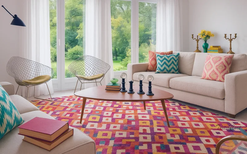 Salón bohemio luminoso con cortinas blancas y ventanas panorámicas