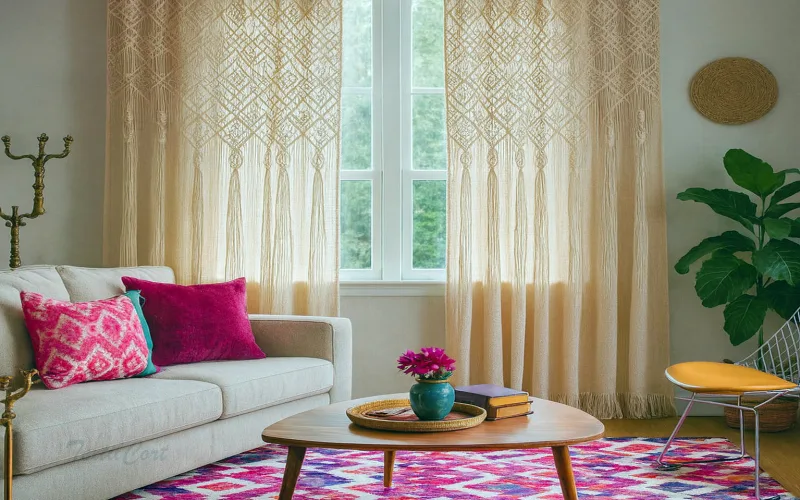 Salón bohemio vibrante con cortinas de macramé y acentos fucsia