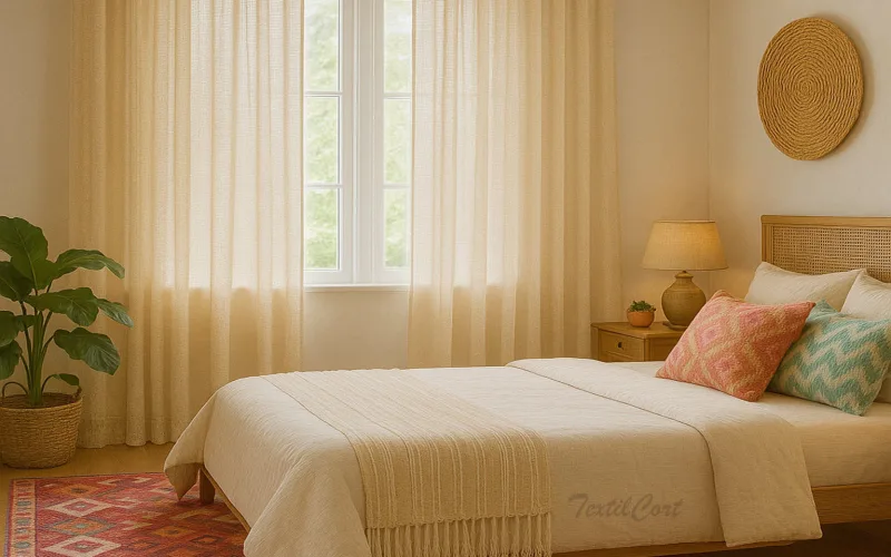 Dormitorio bohemio cálido con cortinas naturales en tono arena