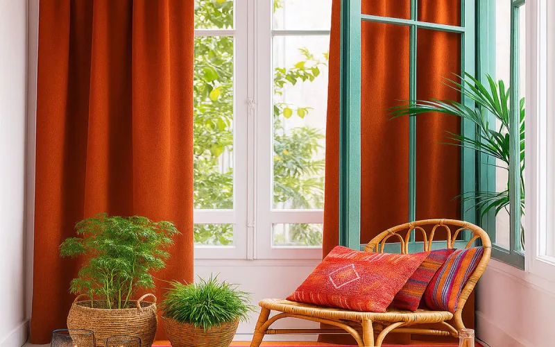 Rincón bohemio con cortinas terracota y ambiente natural luminoso
