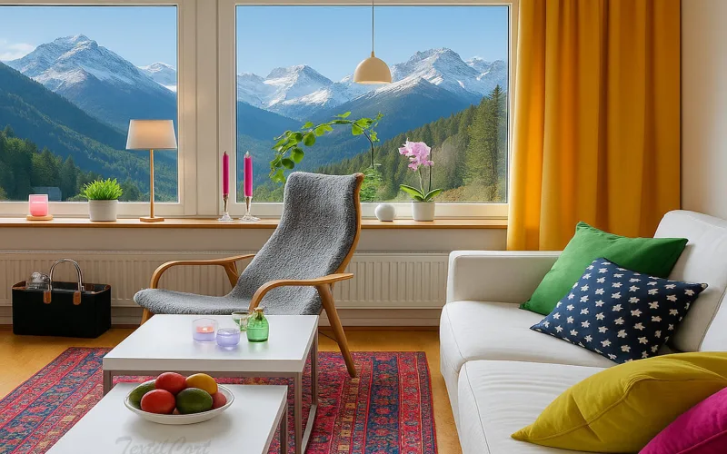 Salón bohemio natural con cortinas crema y luz suave