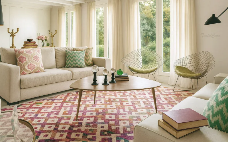 Salón bohemio luminoso con cortinas beige y decoración natural