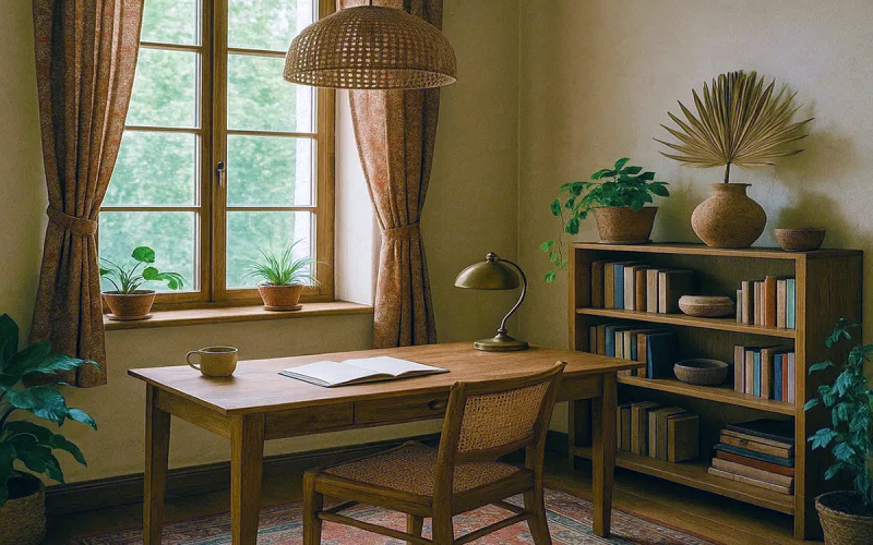 Estudio bohemio natural con cortinas terrosas y decoración artesanal