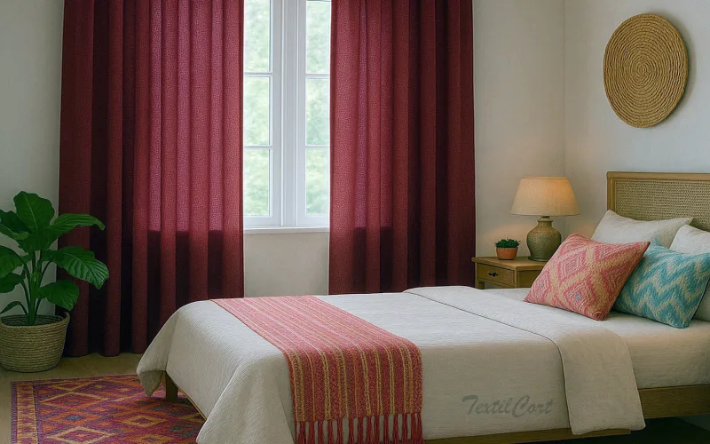 Dormitorio bohemio con cortinas burdeos y decoración cálida