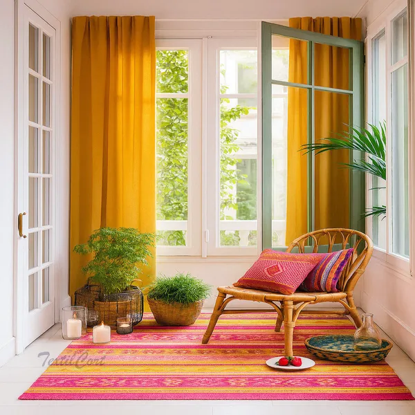 Rincón bohemio con cortinas mostaza y decoración natural