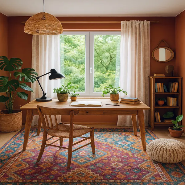 Despacho bohemio con cortinas beige y decoración natural