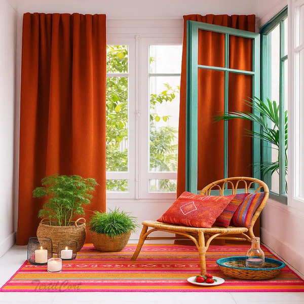 Rincón bohemio con cortinas terracota y ambiente natural luminoso