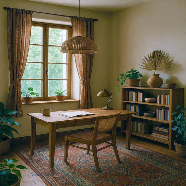 Estudio bohemio natural con cortinas terrosas y decoración artesanal