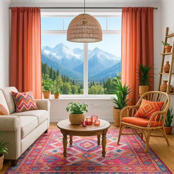 Salón bohemio luminoso con cortinas coral y vistas a la montaña