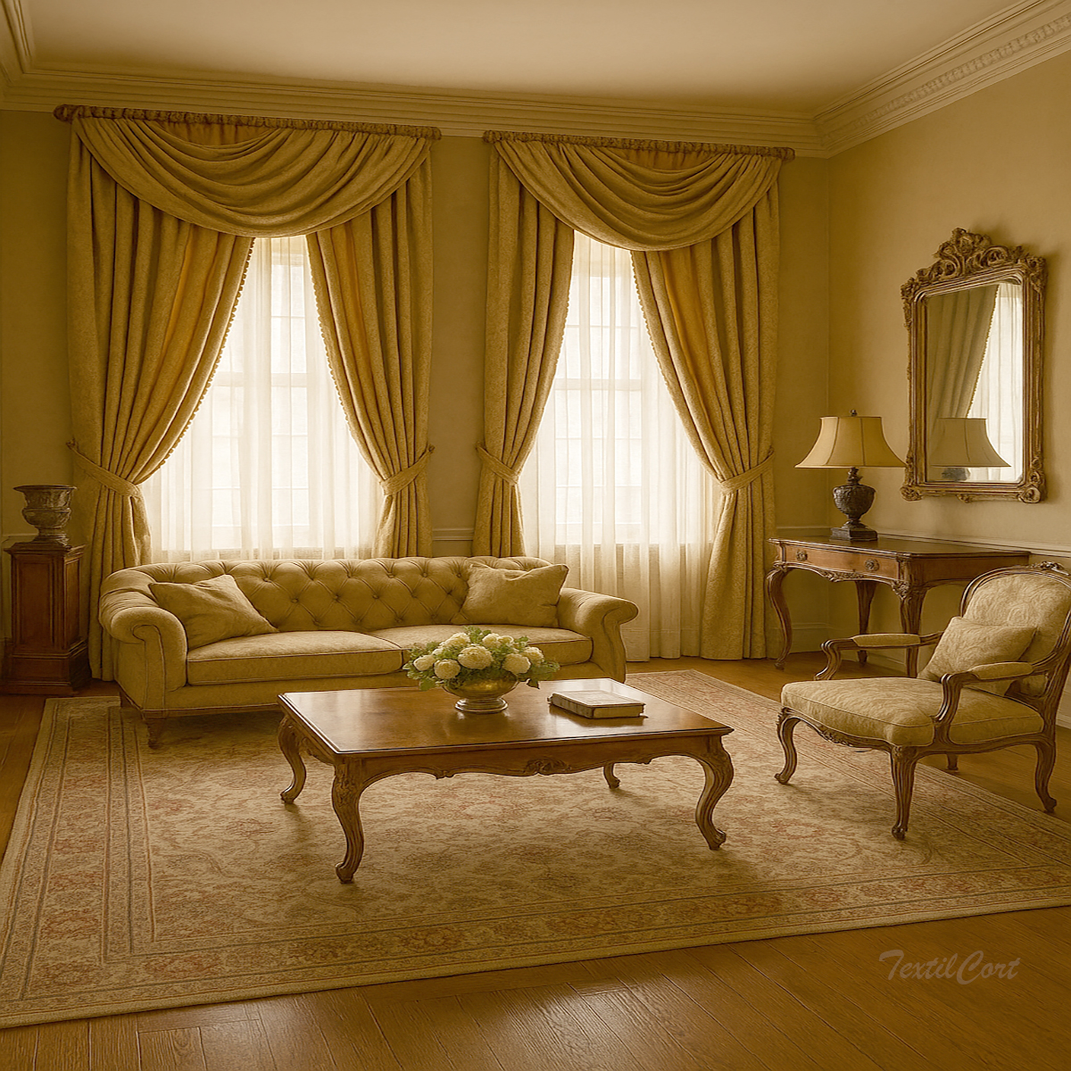 Cortinas clásicas doradas con caída elegante y visillo luminoso