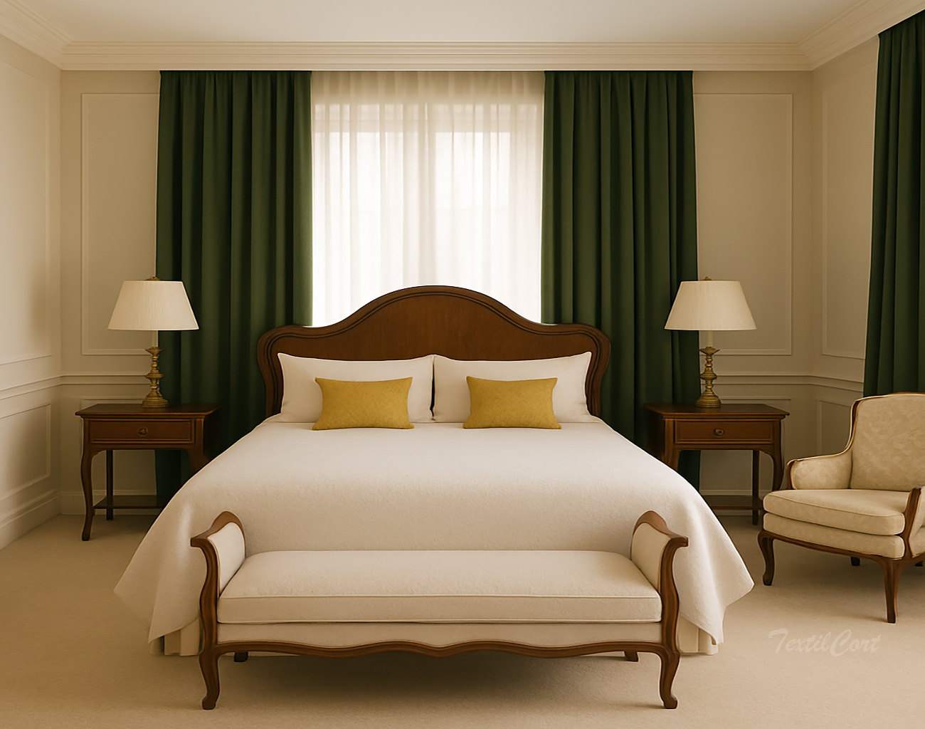 Dormitorio clásico con cortinas verde botella y visillo blanco