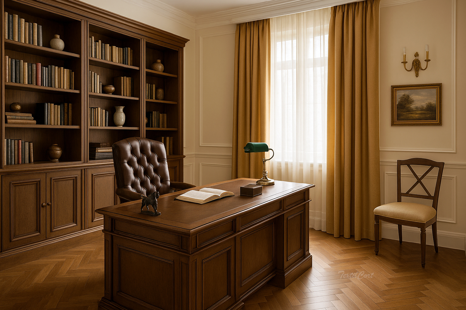 Despacho clásico con cortinas ocres y visillo blanco