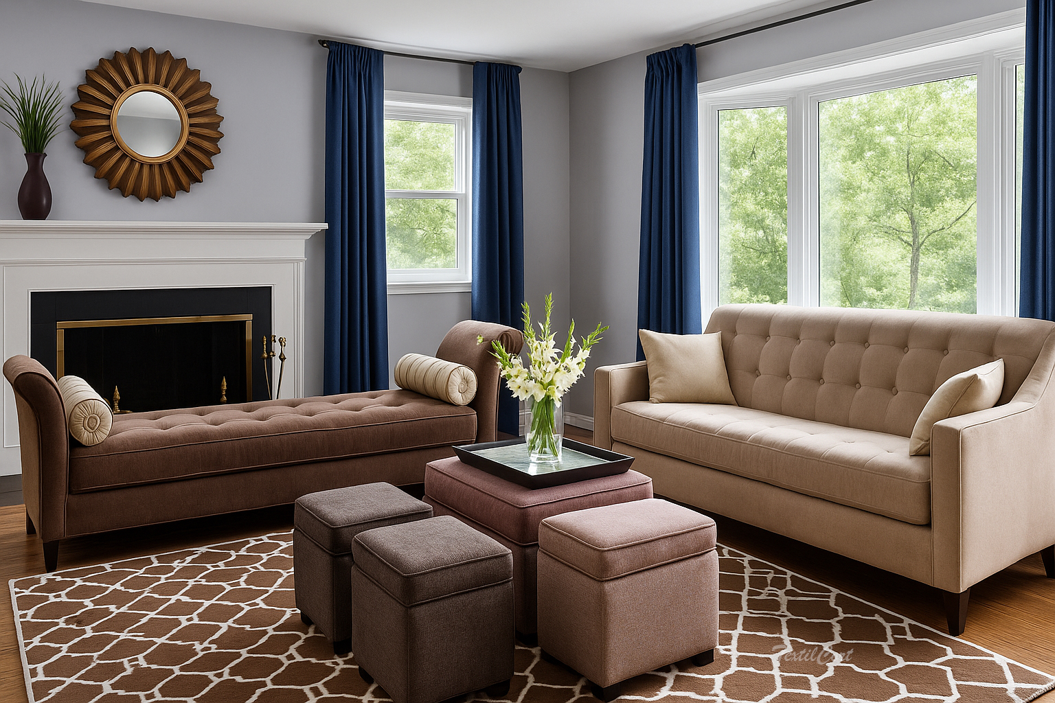 Salón clásico moderno con cortinas azul azafata