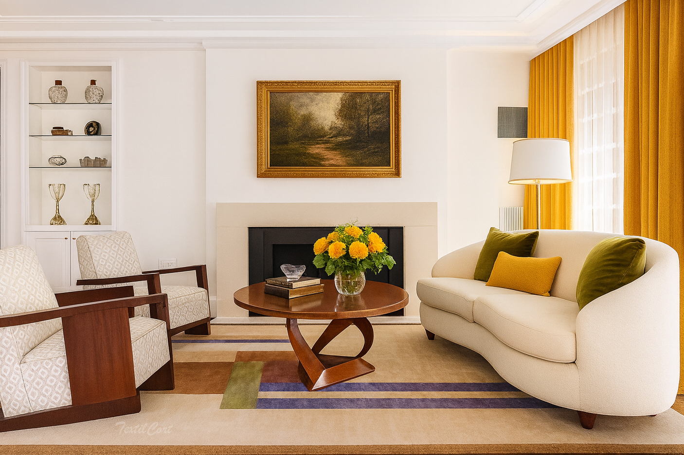 Salón clásico moderno con cortinas ocres y diseño elegante