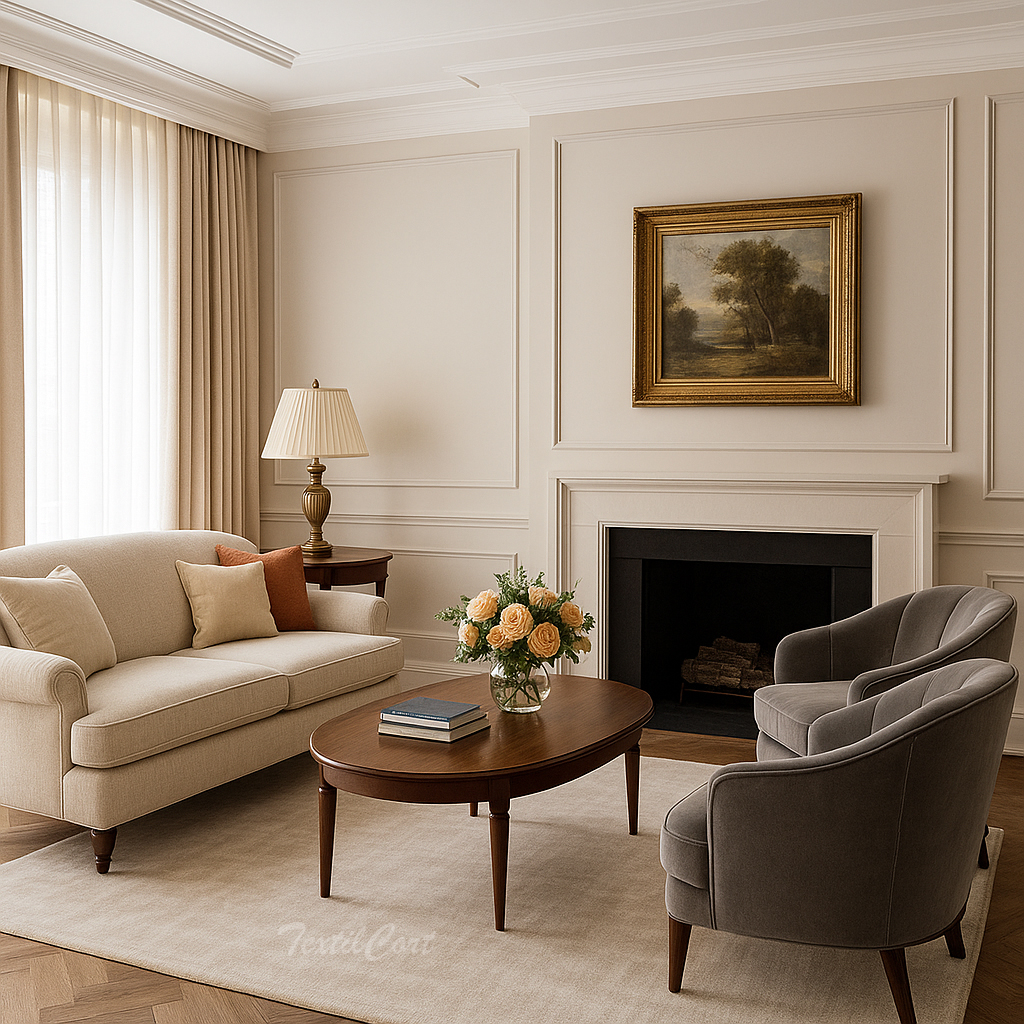 Cortinas clásicas en beige con visillo translúcido y caída elegante