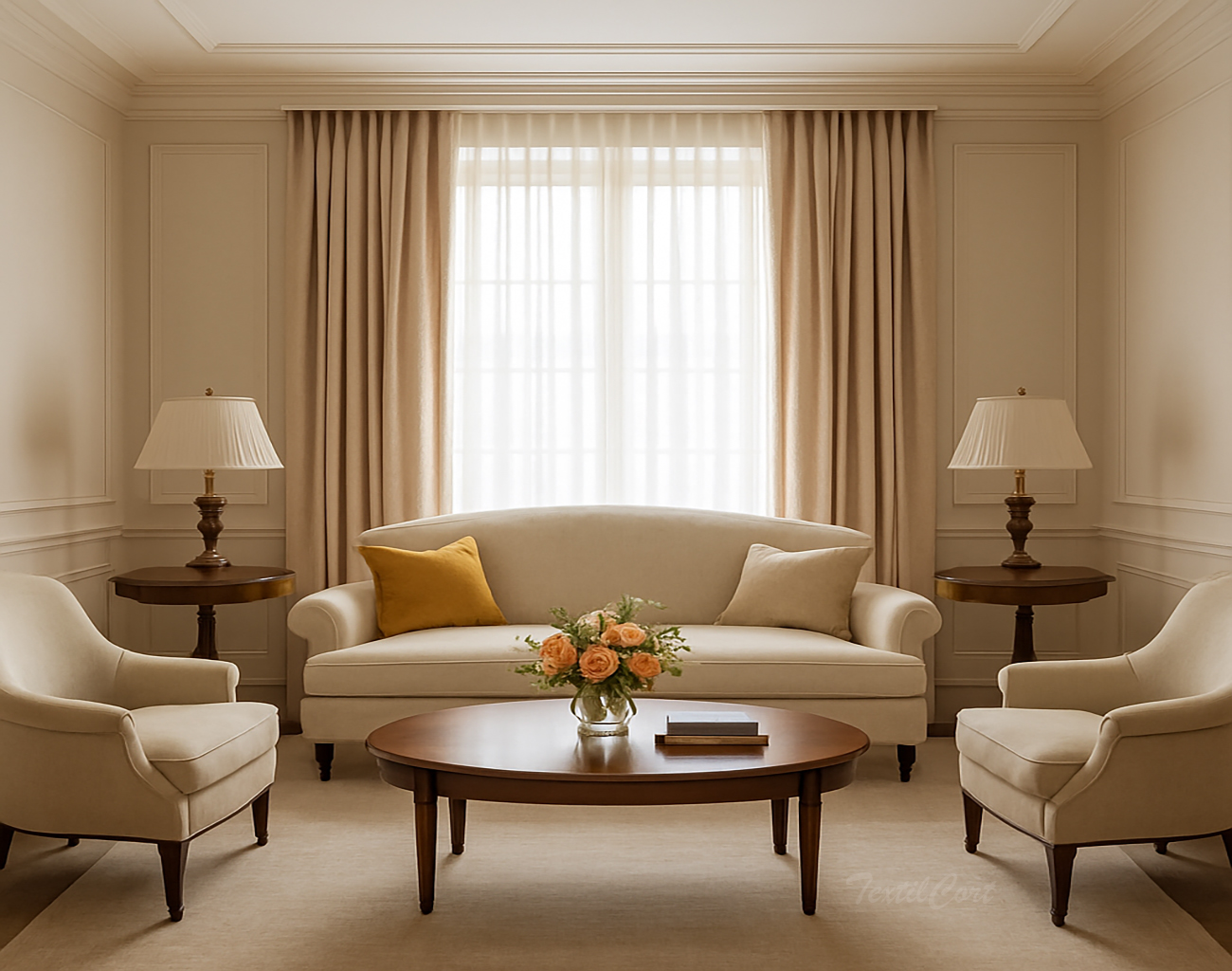 Cortinas clásicas en tono arena con visillo suave y caída perfecta