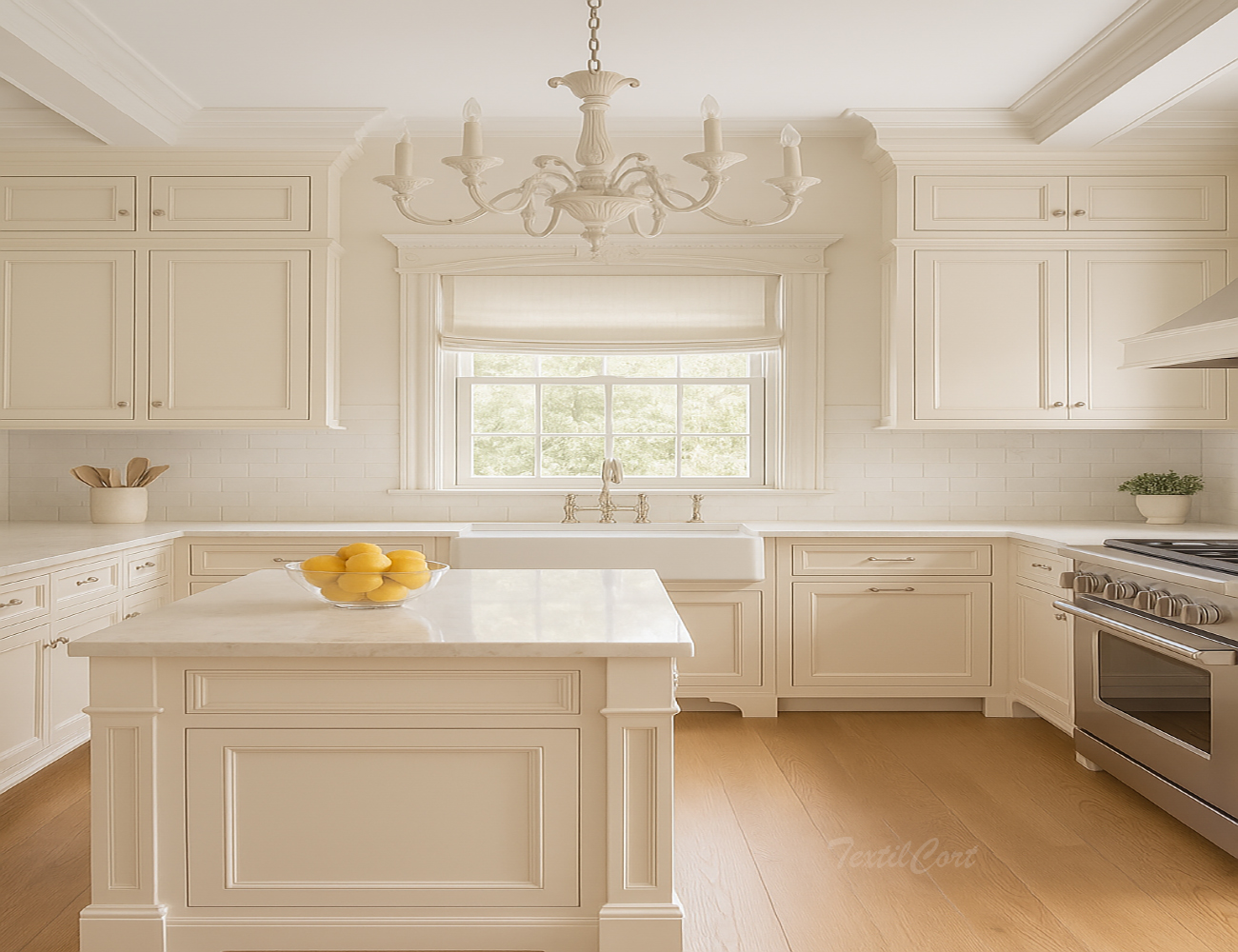 Cocina clásica en tonos crema con luz natural y diseño atemporal