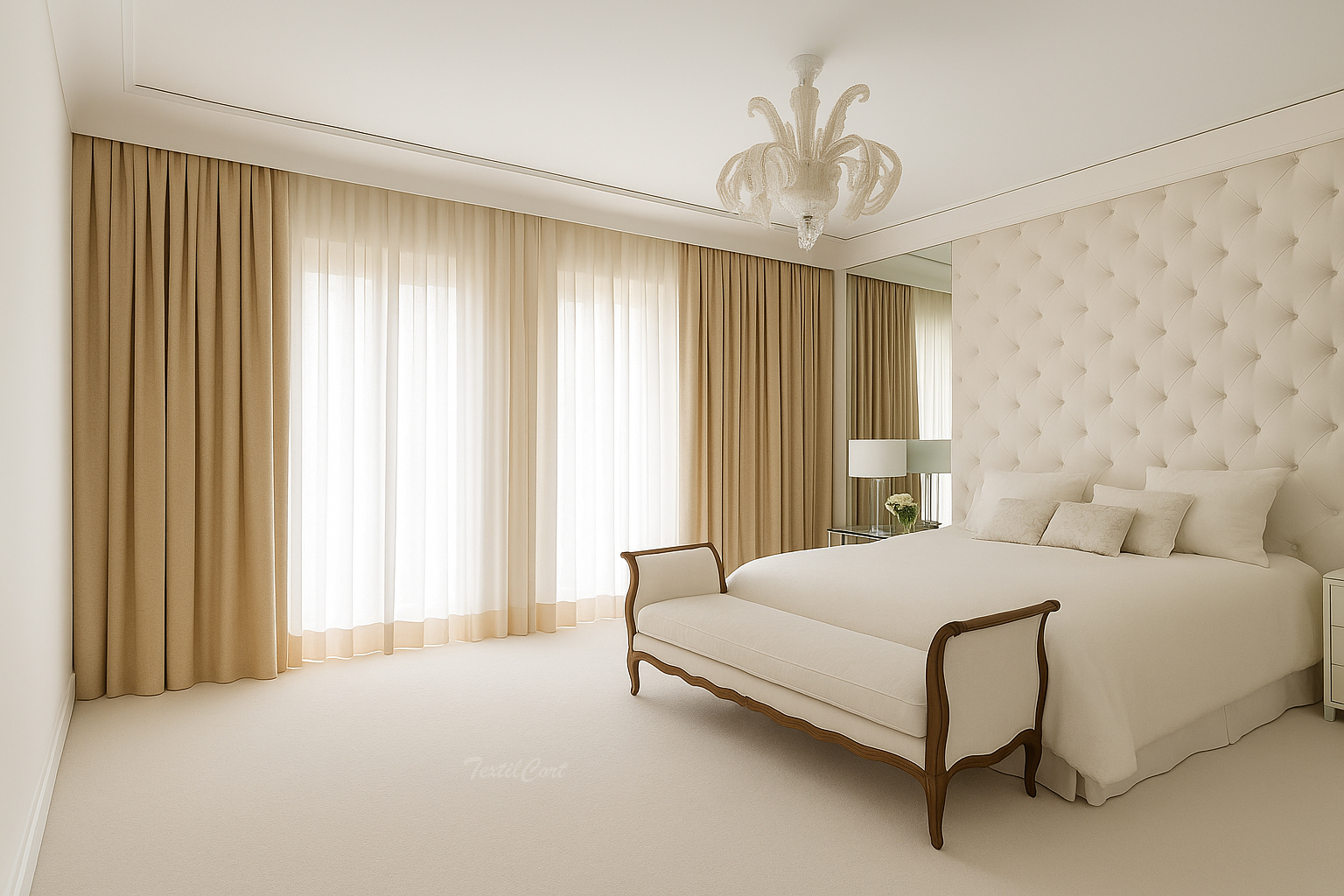 Cortinas clásicas beige con visillo translúcido para dormitorio elegante