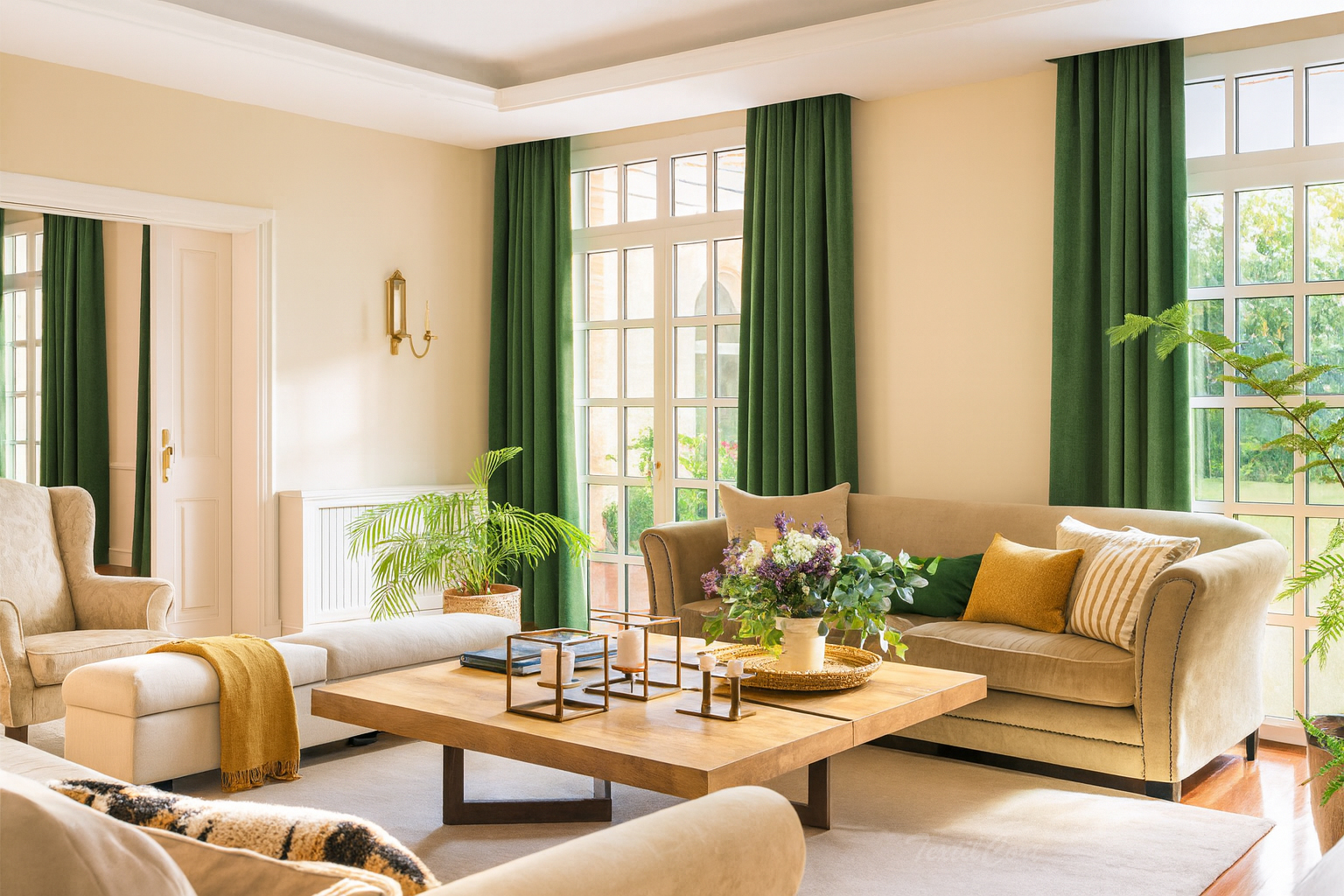 Cortinas clásicas en verde botella para un salón luminoso y elegante