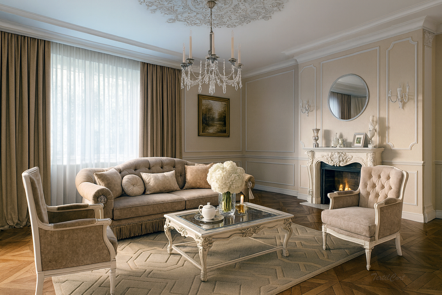 Cortinas clásicas beige con visillo blanco en salón elegante y atemporal