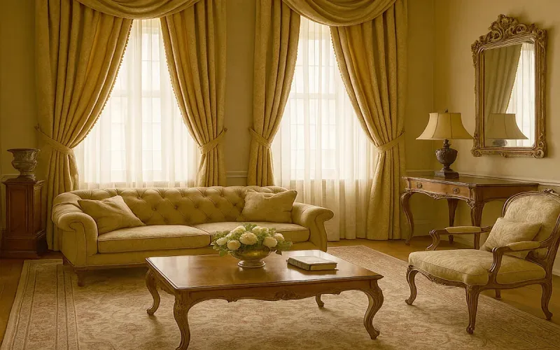 Cortinas clásicas doradas con caída elegante y visillo luminoso