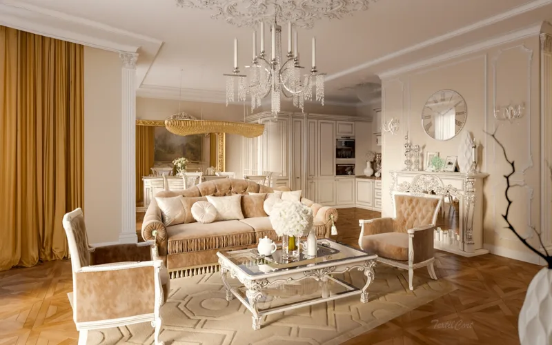 Cortinas clásicas doradas en salón de estilo elegante y señorial