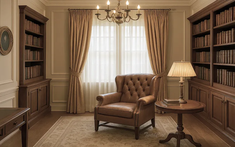 Cortinas clásicas beige en un elegante despacho-biblioteca