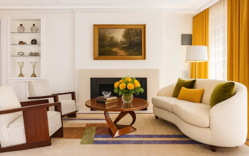 Salón clásico moderno con cortinas ocres y diseño elegante