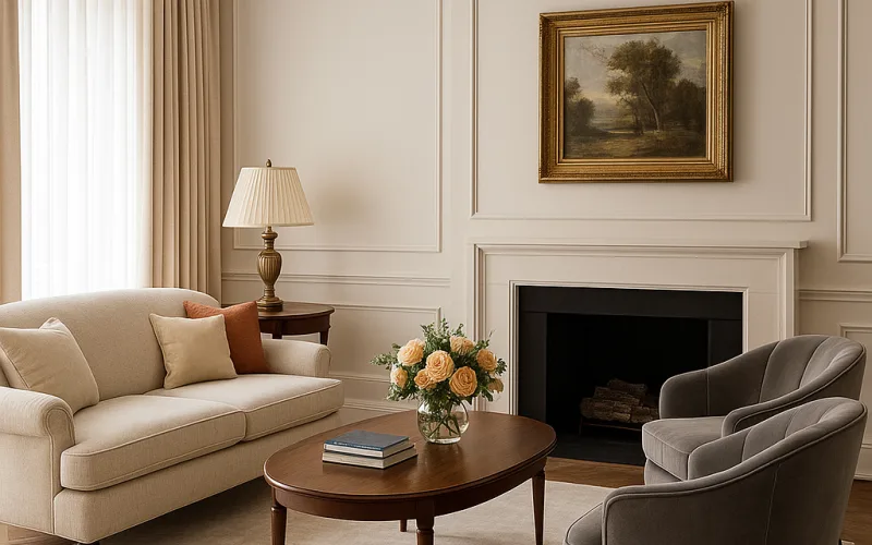 Cortinas clásicas en beige con visillo translúcido y caída elegante
