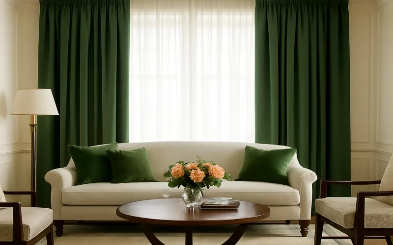 Cortinas clásicas en verde bosque con visillo translúcido