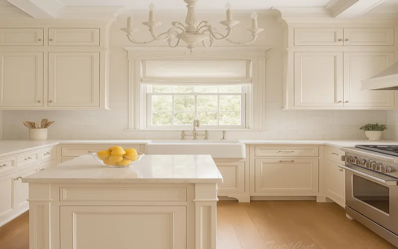 Cocina clásica en tonos crema con luz natural y diseño atemporal