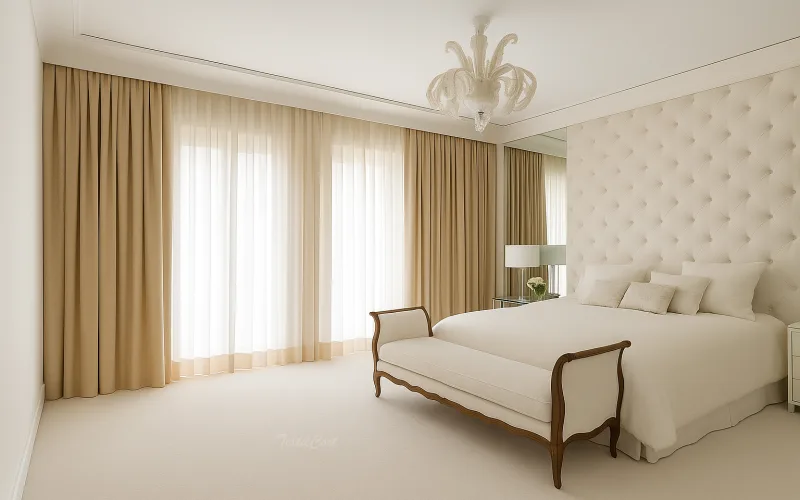 Cortinas clásicas beige con visillo translúcido para dormitorio elegante