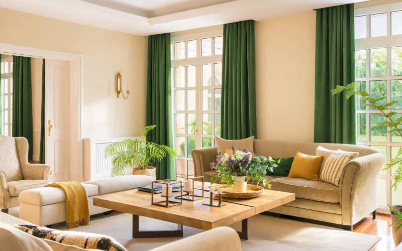 Cortinas clásicas en verde botella para un salón luminoso y elegante