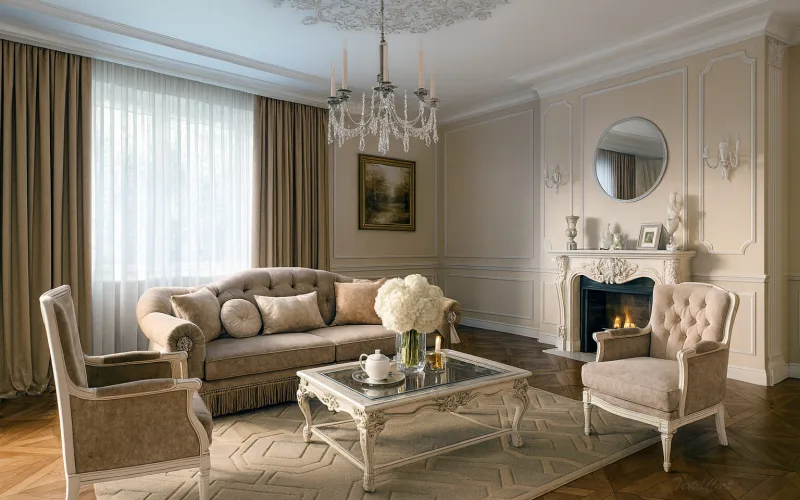 Cortinas clásicas beige con visillo blanco en salón elegante y atemporal