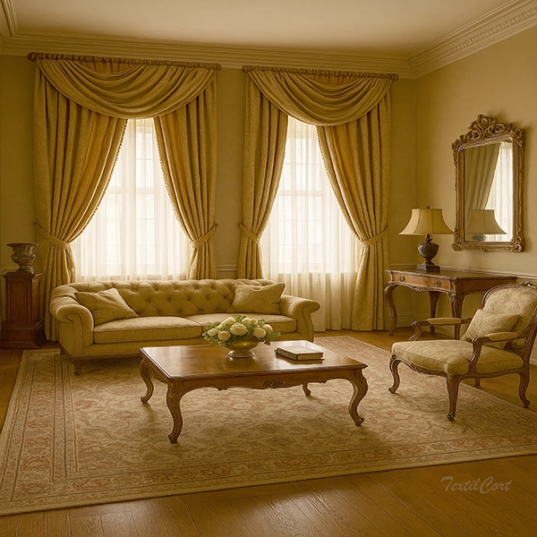 Cortinas clásicas doradas con caída elegante y visillo luminoso