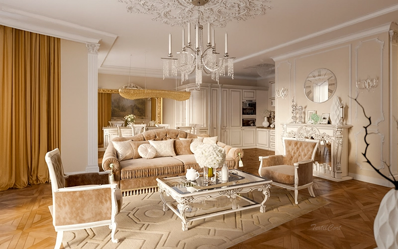 Cortinas clásicas doradas en salón de estilo elegante y señorial